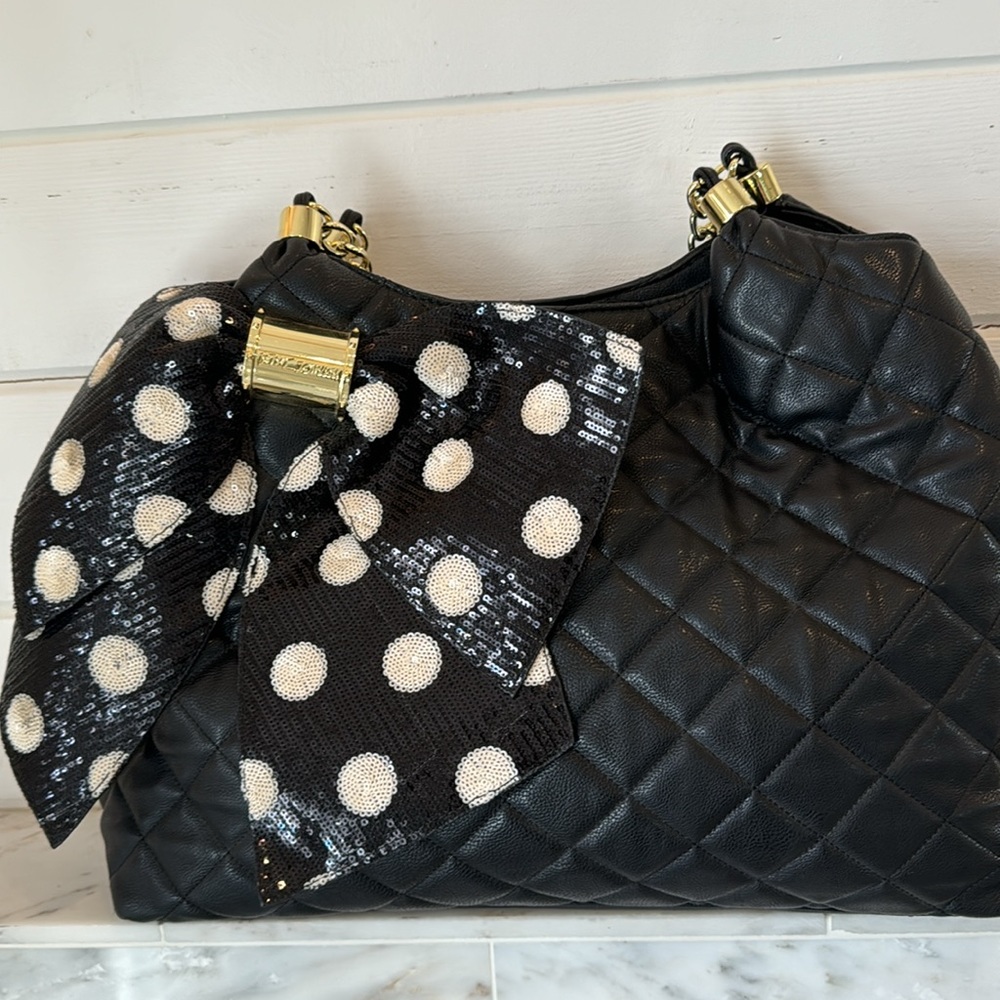 Betsy Johnson Large Black Quilted Sequin Polka Dot Bow Tote Bag - Picture 2 of 14